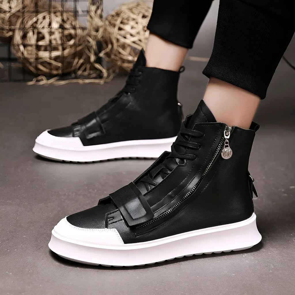 Men's black high-top ankle boot made of PU leather microfiber, shown from the side.