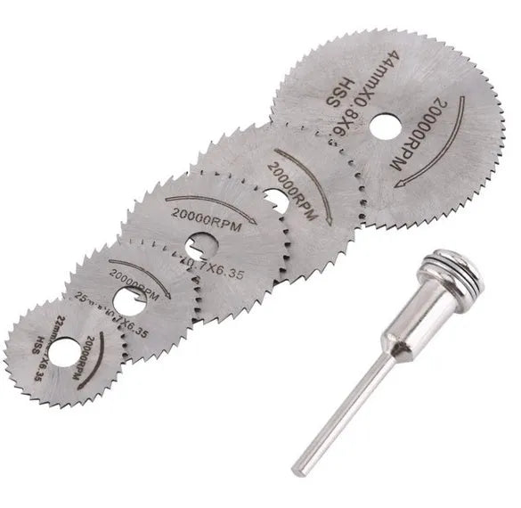 Six circular saw blades with mandrel for rotary tools, high-speed steel construction for wood cutting