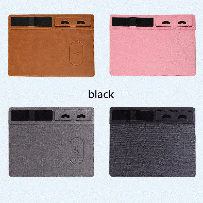 Wireless charging mouse pad with phone holder in black, brown, grey, or pink colours