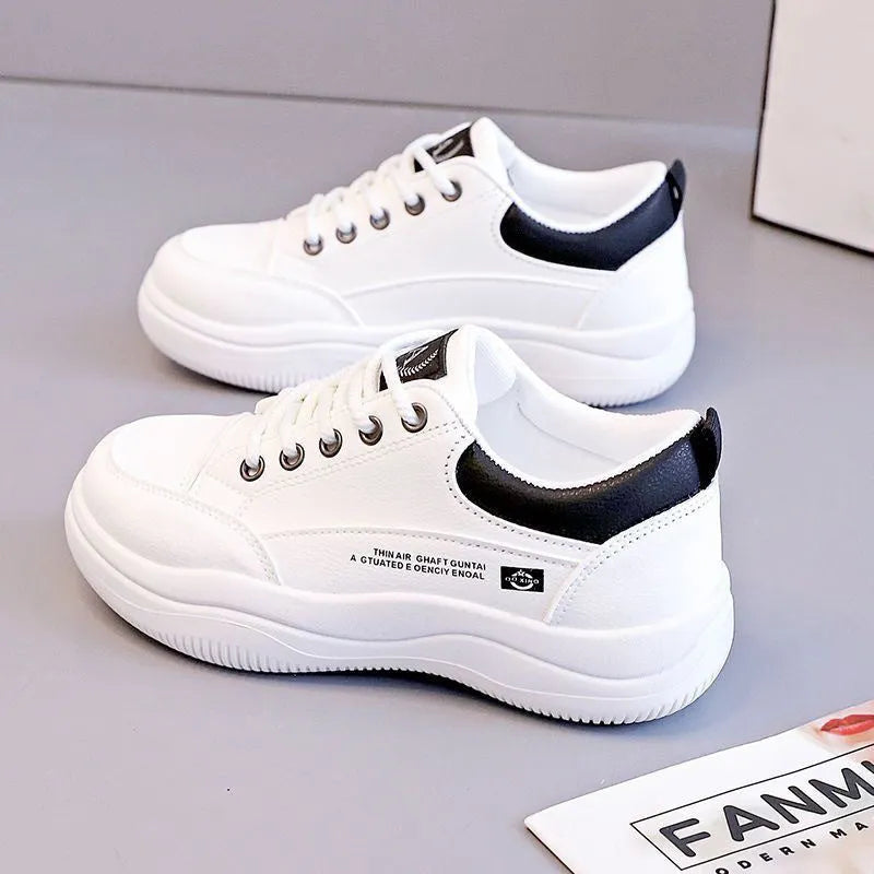 Women's Korean-style white pumps with cross straps and leather stitching on synthetic leather upper