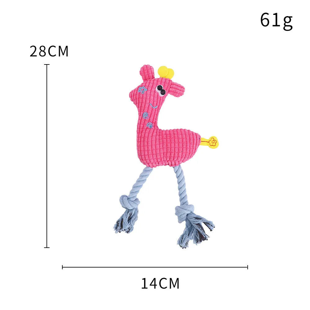 Blue deer-shaped plush dog toy with corn grain texture, shown next to a measuring tape indicating 24 cm length.