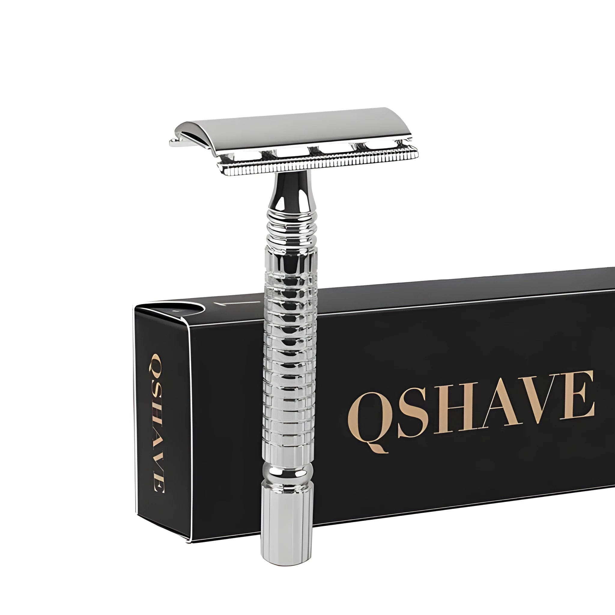 Double edged safety razor with stainless steel handle and closed comb head in storage box