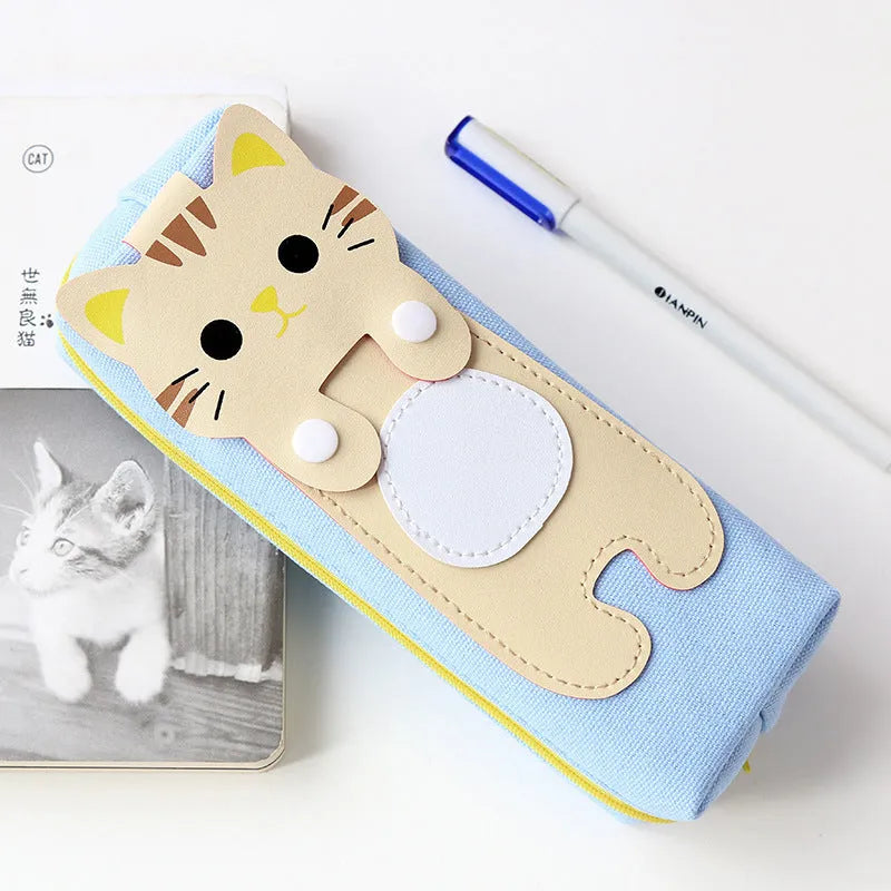 Canvas pencil case with cat cartoon design, large zipper opening, square shape, available in blue beige gray black