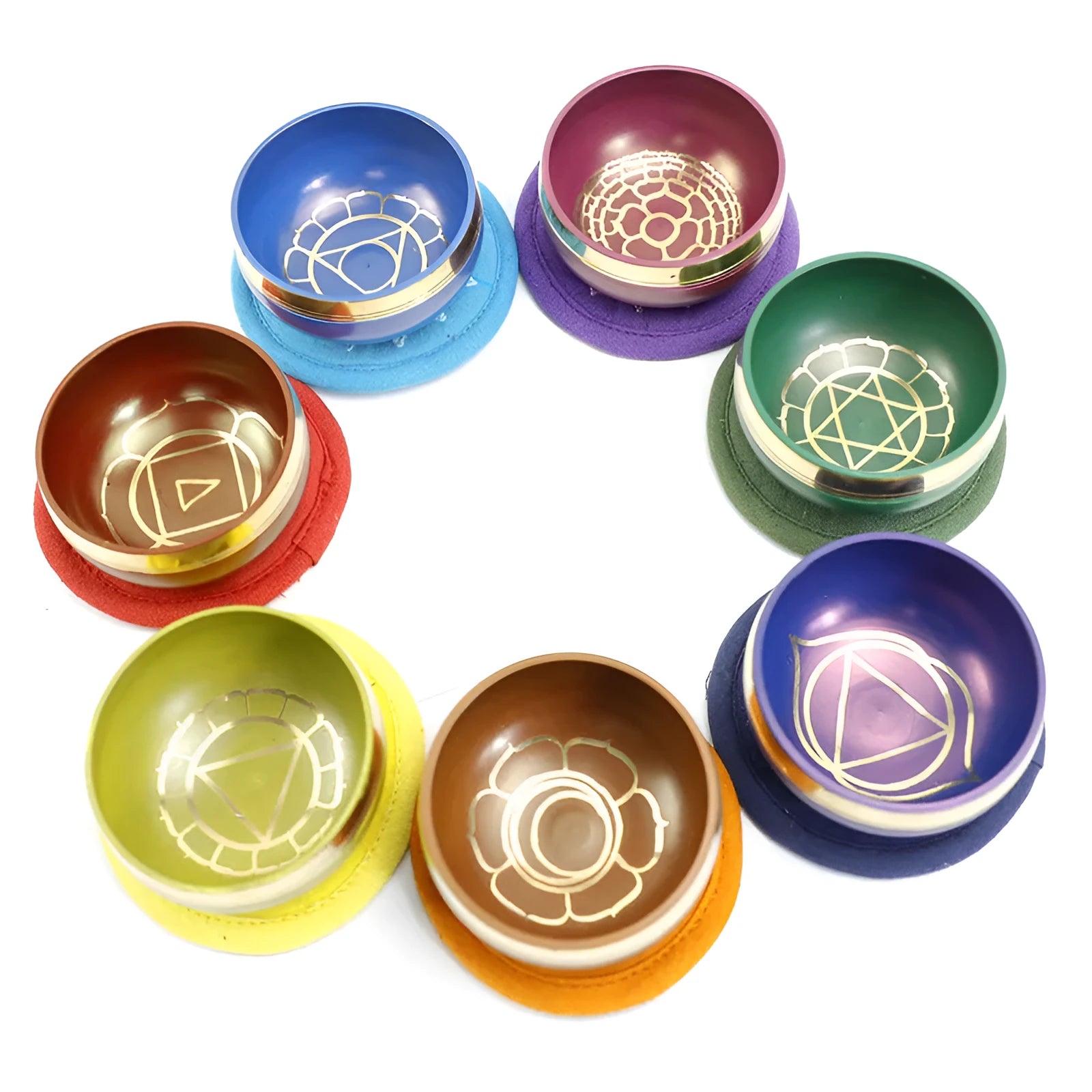 Seven colourful handmade Himalayan-style bowl percussion instruments arranged by size and colour