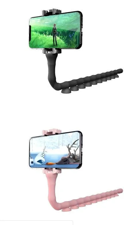 Flexible rubber phone holder with suction cup mount showing 360 degree rotation capability
