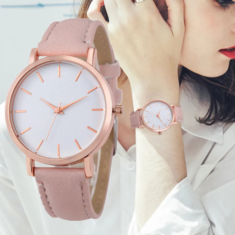 Square quartz watch with PU leather strap and alloy case in a selection of colours on a white background.