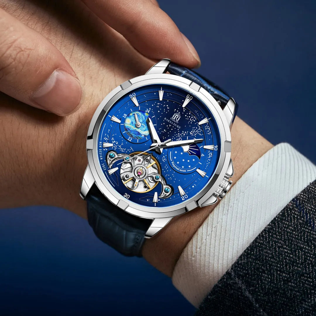 Men's blue dial automatic mechanical watch with stainless steel 42mm case