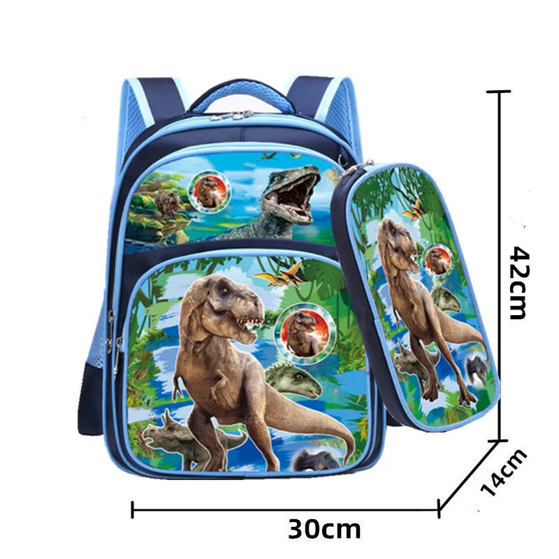 Blue children's anime cartoon backpack with double shoulder straps showing school books inside