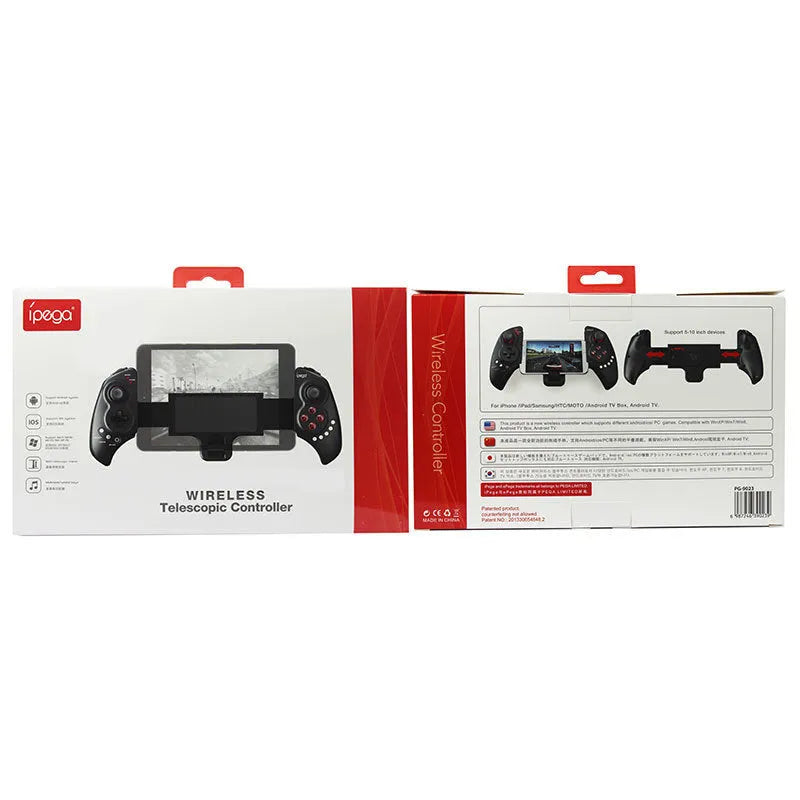 PG-9023 black wireless telescopic gamepad controller holding a smartphone, showing joysticks and buttons.