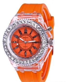 Women's LED luminous quartz watch with round 43mm alloy case and silicone strap in multiple colour options