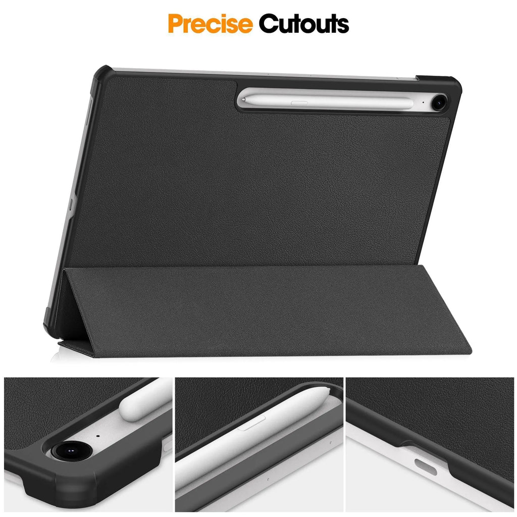 Samsung Tab S10 FE Plus tablet in a tri-fold black leather case with built-in stand open for viewing.