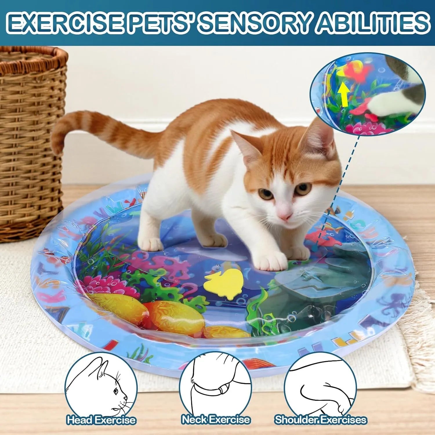 Thickened PVC water sensory playmat for cats and dogs with floating fish toys in ocean theme design