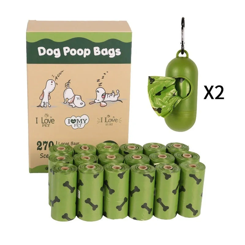 Degradable dog poop bags in military green with black bone print, showing roll format and bag dimensions