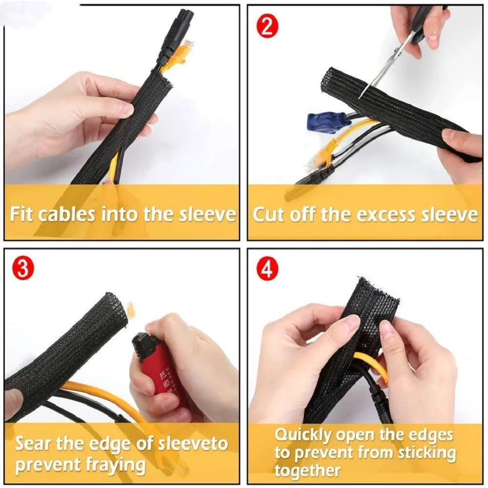 Black self-winding expandable polyester mesh sleeve for automotive wire protection and cable management.