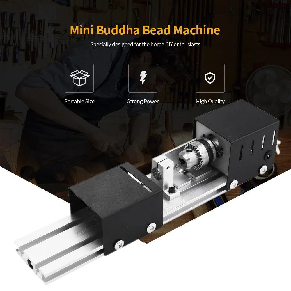 Metal mini woodworking lathe with carving knives and tools for small woodturning projects