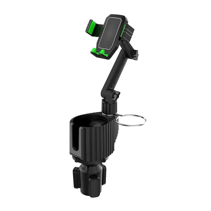 Green car kettle holder for drinks and phones inserted into a vehicle cup holder.