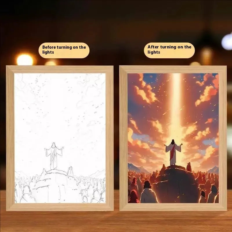 Modern rectangular LED light painting frame showing a sea and home scene on a wall.