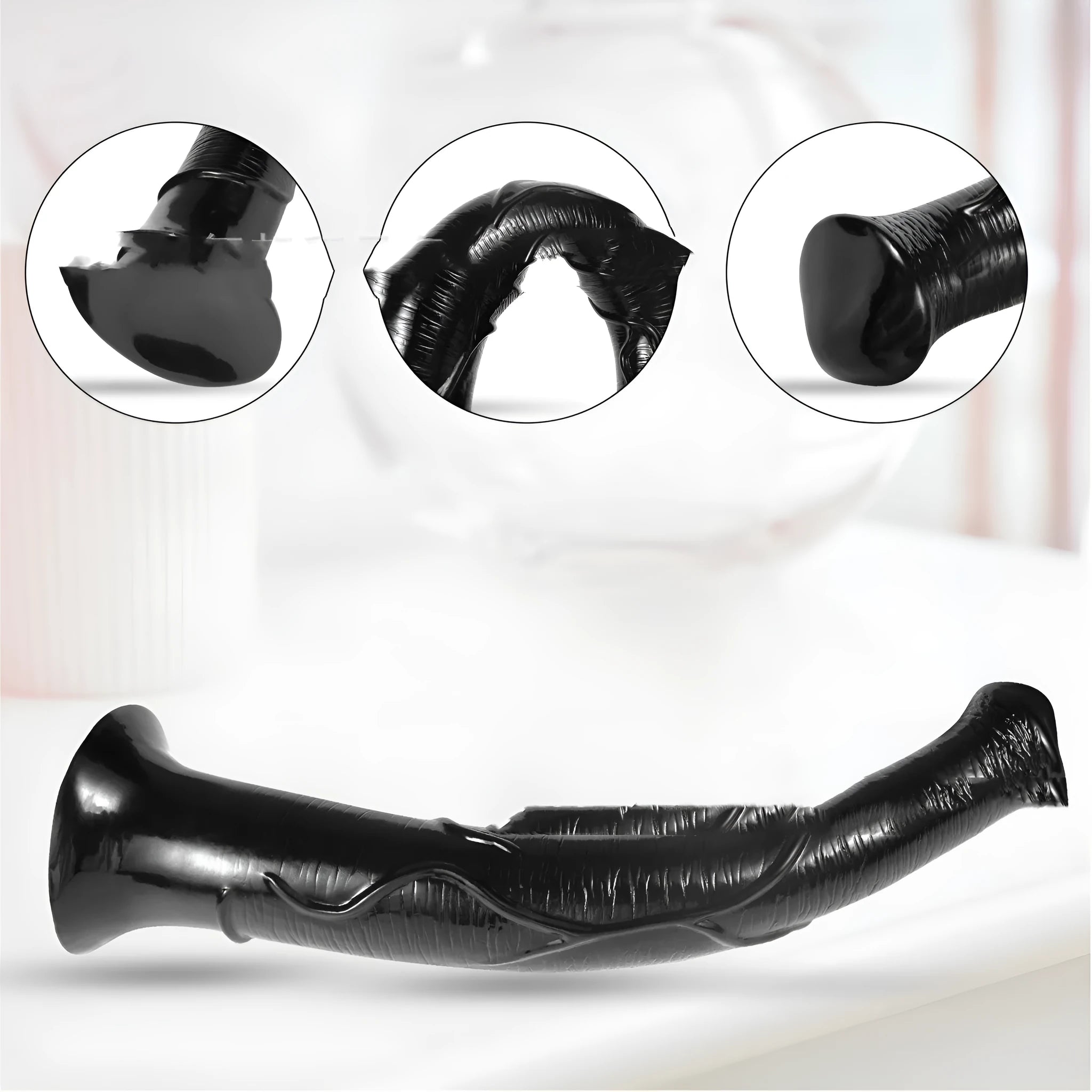 Black flesh colour PVC horsewhip with special-shaped super-long design on plain background