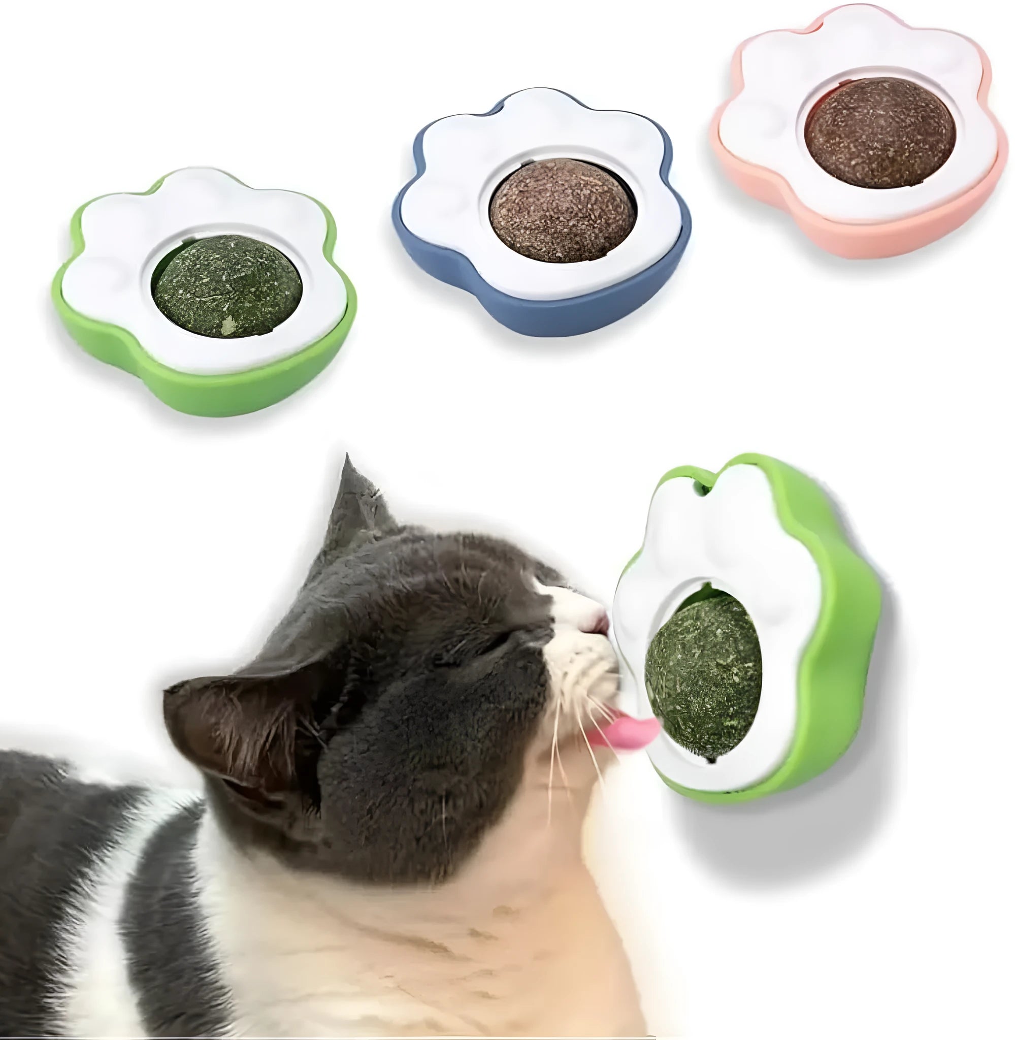 Plush catnip balls for cats in blue, green, and pink colours for interactive play and dental health