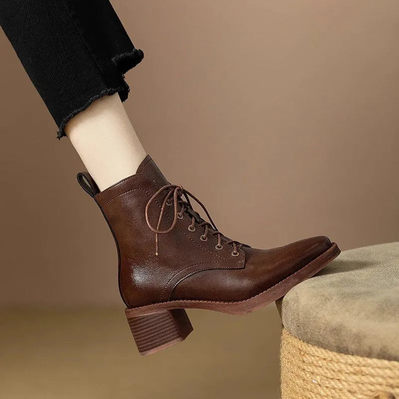 Women's French elegant pointed-toe short tube boots in black or brown with 5.5cm heel