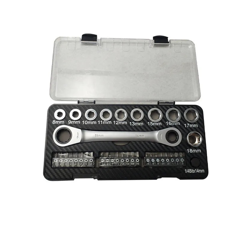 Two-way ratchet wrench set with sockets and batch heads for mechanical applications