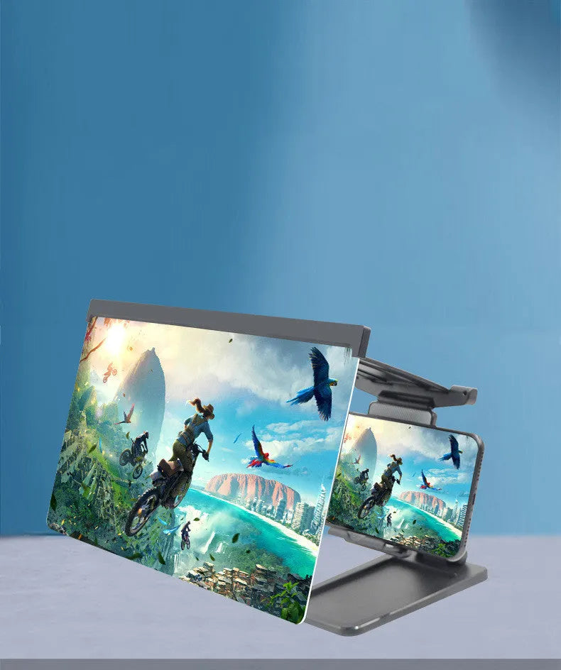 Black 12-inch mobile phone screen amplifier with detachable phone holder on desktop