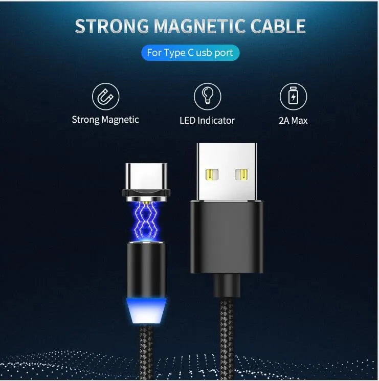 YBD black braided magnetic charging cable with LED light showing Lightning, Micro-USB, and Type-C magnetic tips