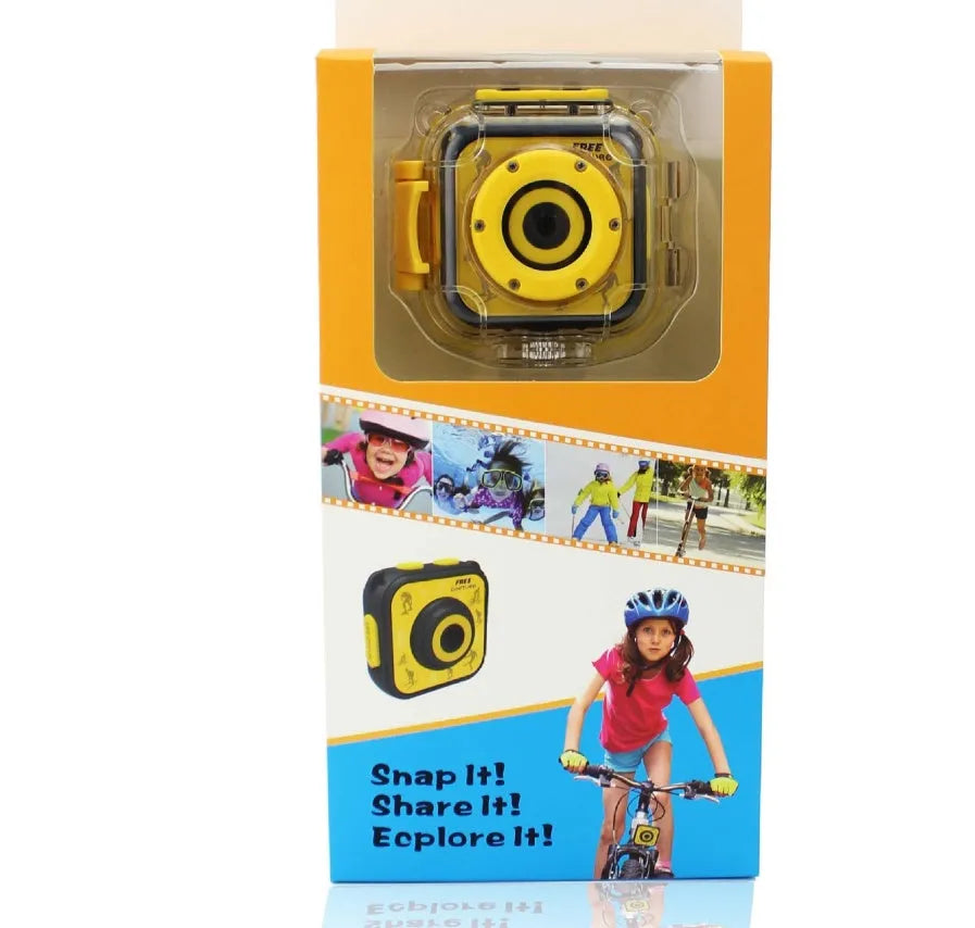 Yellow children's waterproof sports camera with 1.77-inch screen showing outdoor scene