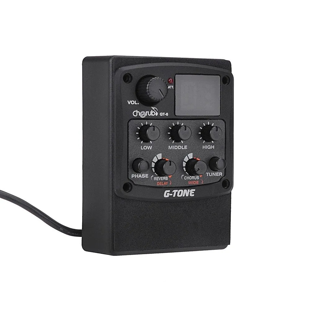 Black Cherub GT-6 acoustic guitar soundhole pickup with EQ knobs and effects controls.