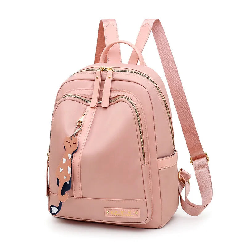 Women's black nylon casual backpack with double shoulder straps and external pockets