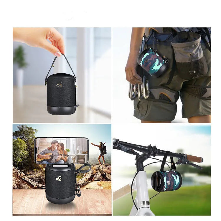 Small waterproof portable Bluetooth speaker in multiple colours with a carry strap.