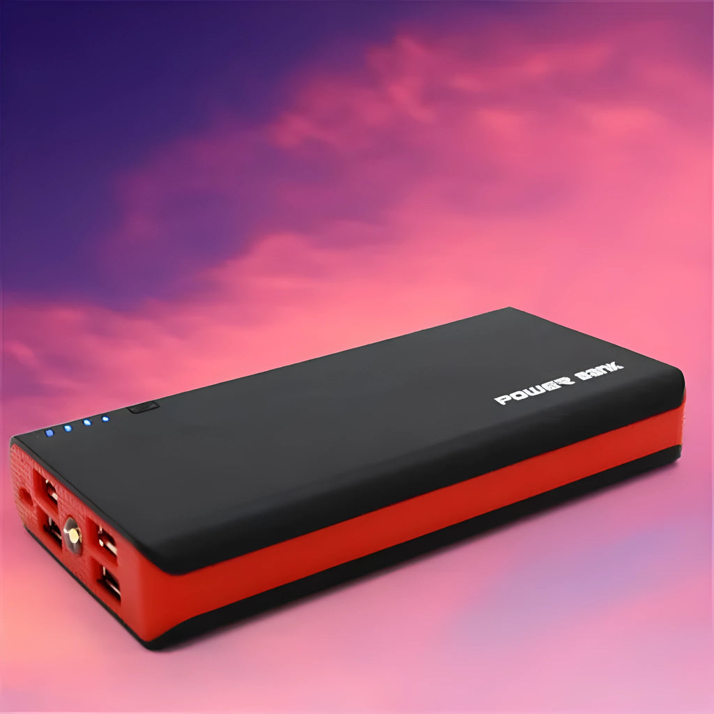 20000mAh portable power bank in multiple colours showing compact dimensions and charging ports