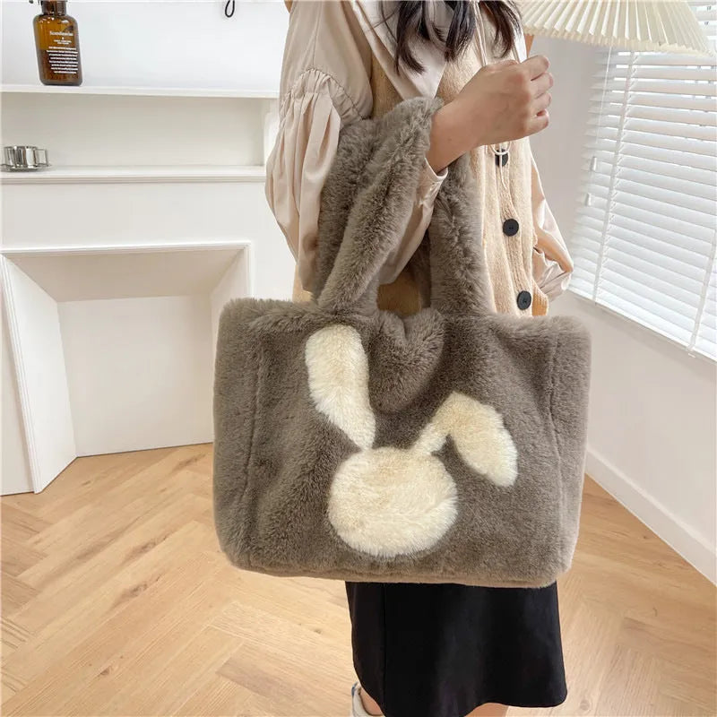 Women's plush tote bag with cartoon rabbit ears design in solid colour