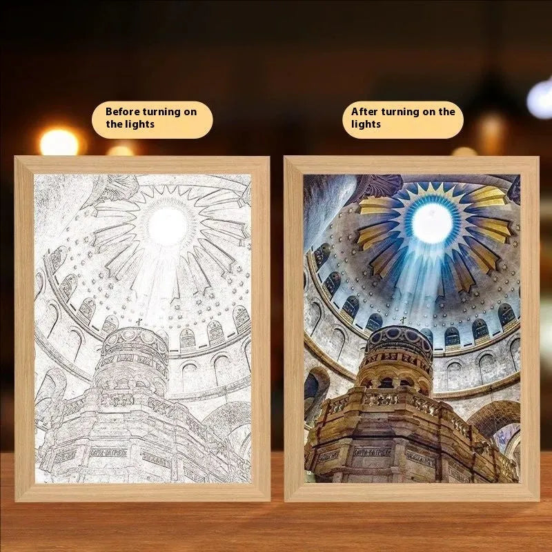 Modern rectangular LED light painting frame showing a sea and home scene on a wall.
