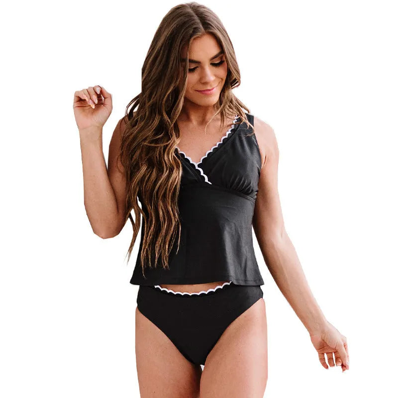 Black women's nylon bikini swimsuit set on a white background