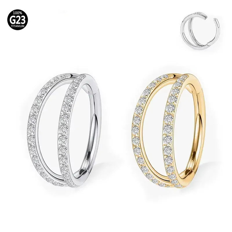 G23 titanium alloy nose ring earring with zircon detail in steel or gold colour, showing gauge and length options.