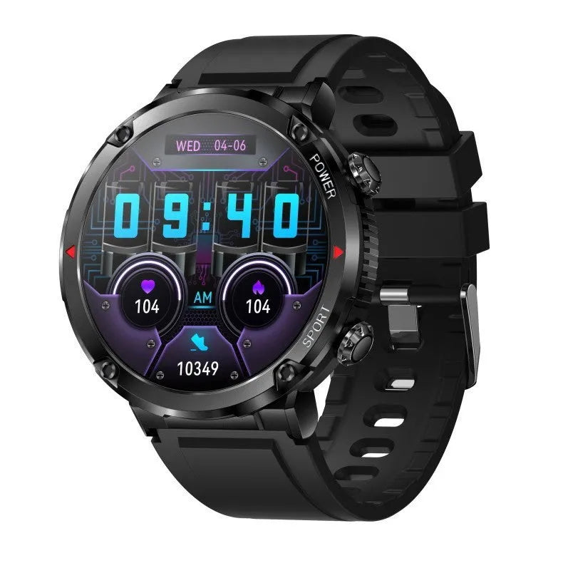 T30 Smart Watch with black dial on a silicone strap showing Bluetooth calling and health metrics on its screen.