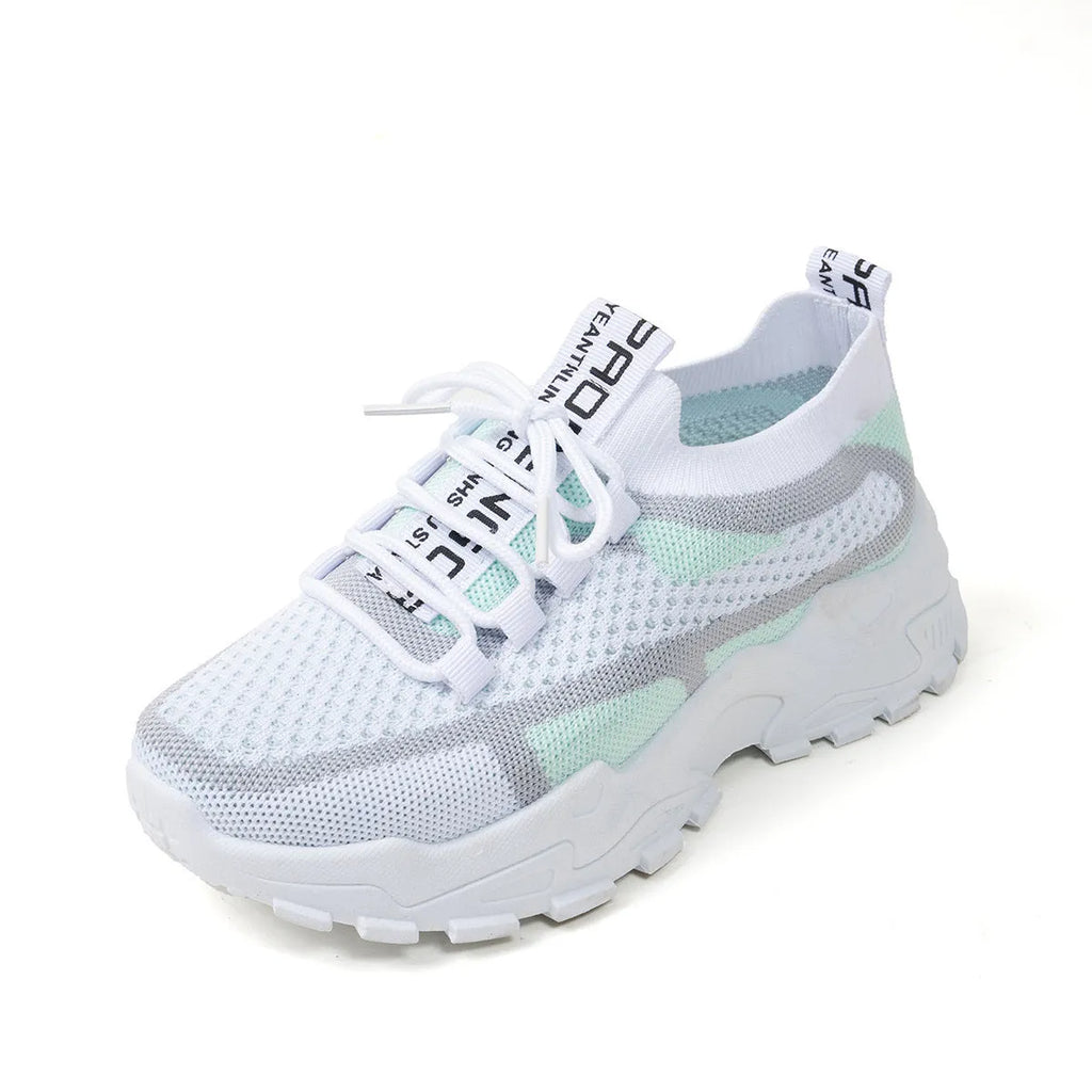 Women's Flyknit mesh lace-up sneakers in multiple colours with low flat rubber sole.