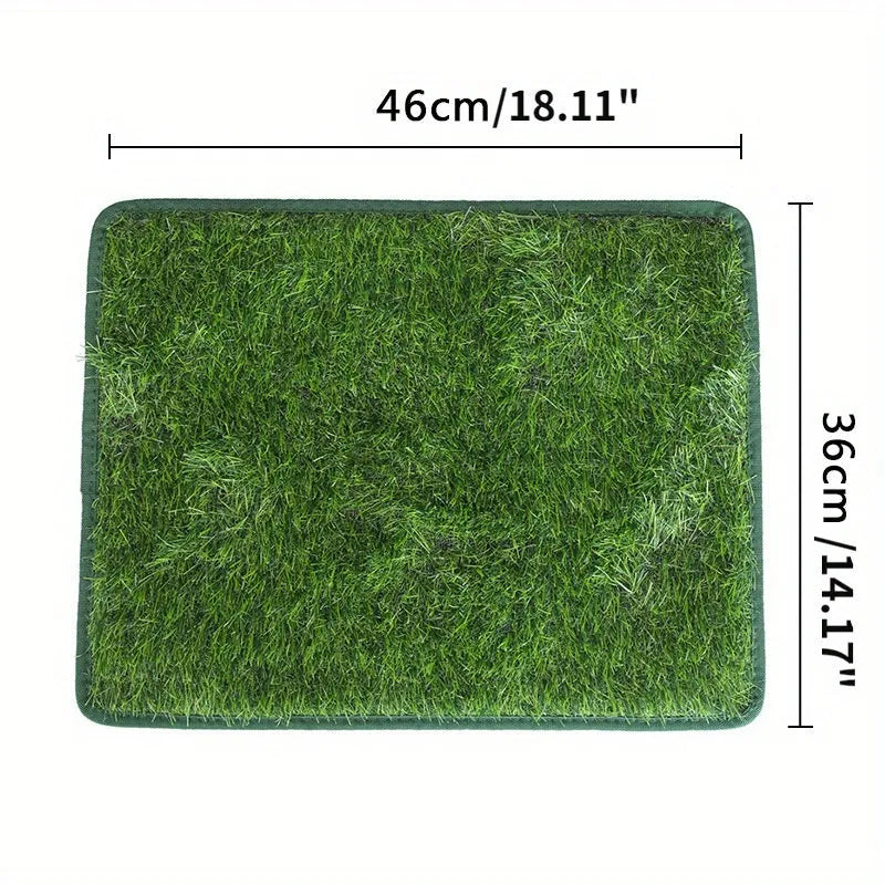 Washable artificial grass pet training mat for dogs and cats on a tiled floor.