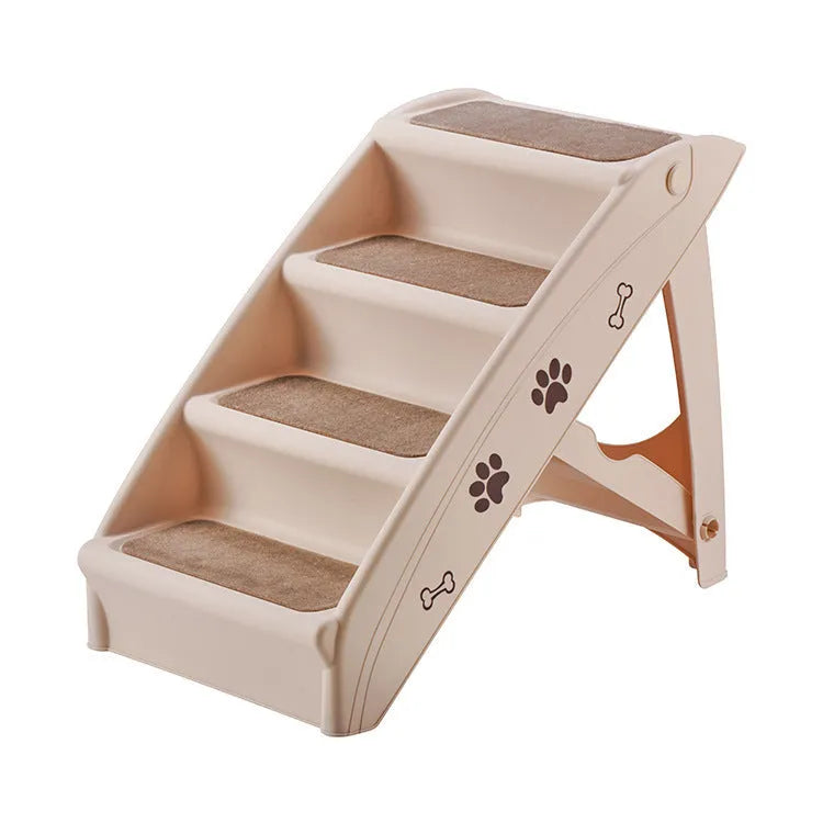 Foldable plastic pet ladder for small dogs and cats on a floor next to a sofa.
