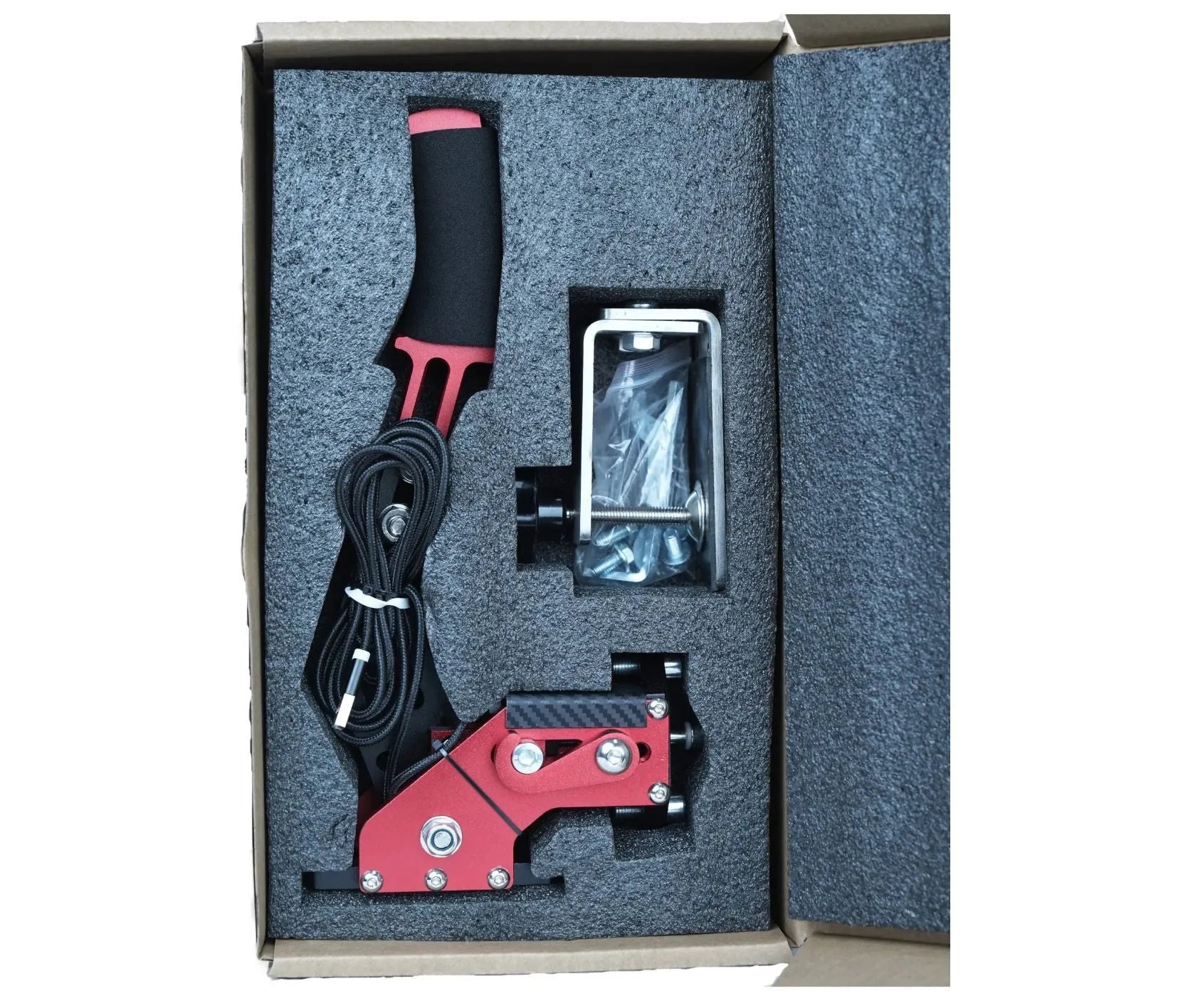 USB racing simulator handbrake with mounting clamp in choice of five colours on a grey background.