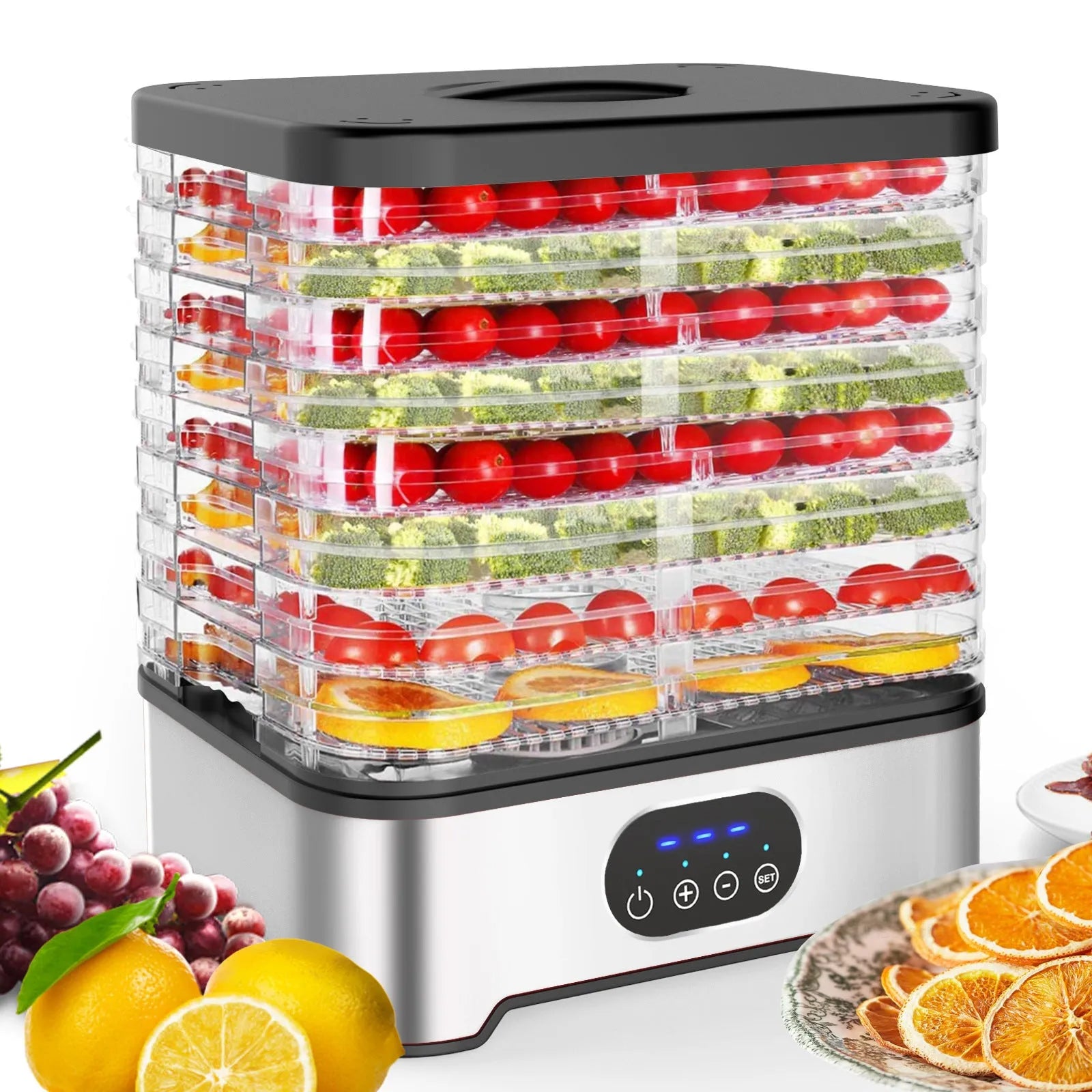 Silver or red household food dehydrator with 8 drying trays, showing compact design.