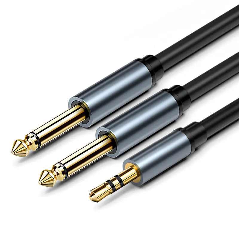 3.5mm to dual 6.5mm male audio cable with gold-plated connectors and black PVC finish