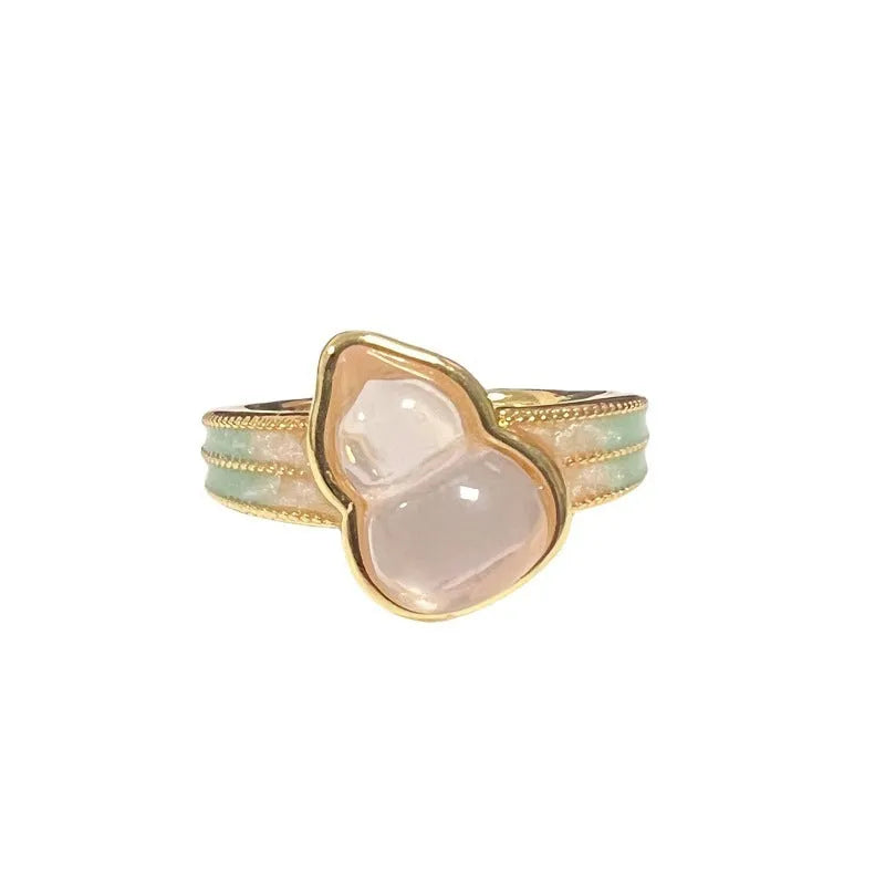 Adjustable copper ring with vintage gourd, floral, and bow design in New Chinese style, set with zircon stones.