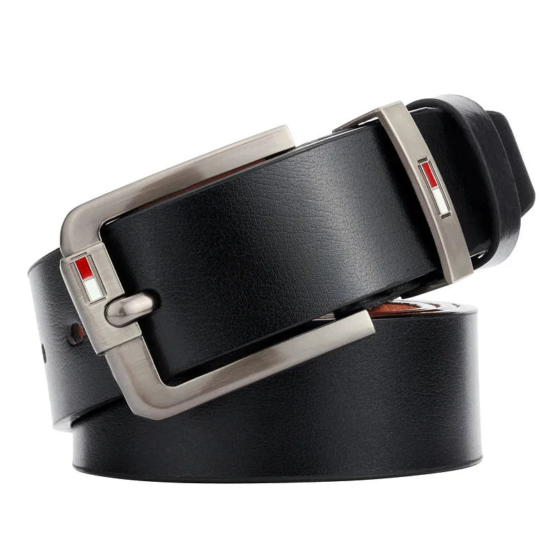 Fashion retro men's all-match pin buckle belt in imitation leather with D shape alloy buckle, black colour, 110cm length