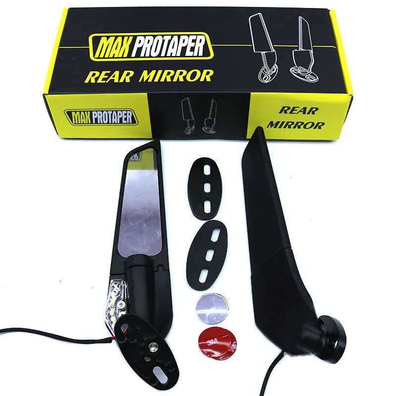 Pair of aluminium alloy motorcycle rearview mirror reflectors with convex glass lens and yellow LED light.