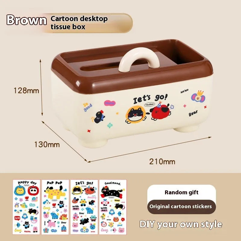 Red and brown cartoon-style plastic desktop storage organiser with grid compartments.