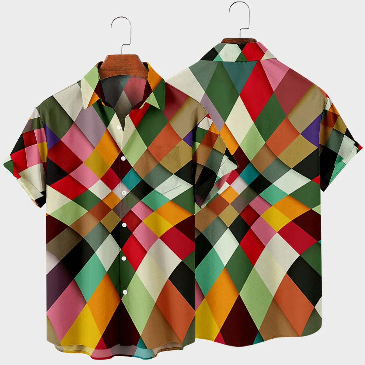 Men's simple striped digital printed short sleeve shirt in photo colour, polyester four-way stretch fabric, summer daily wear.