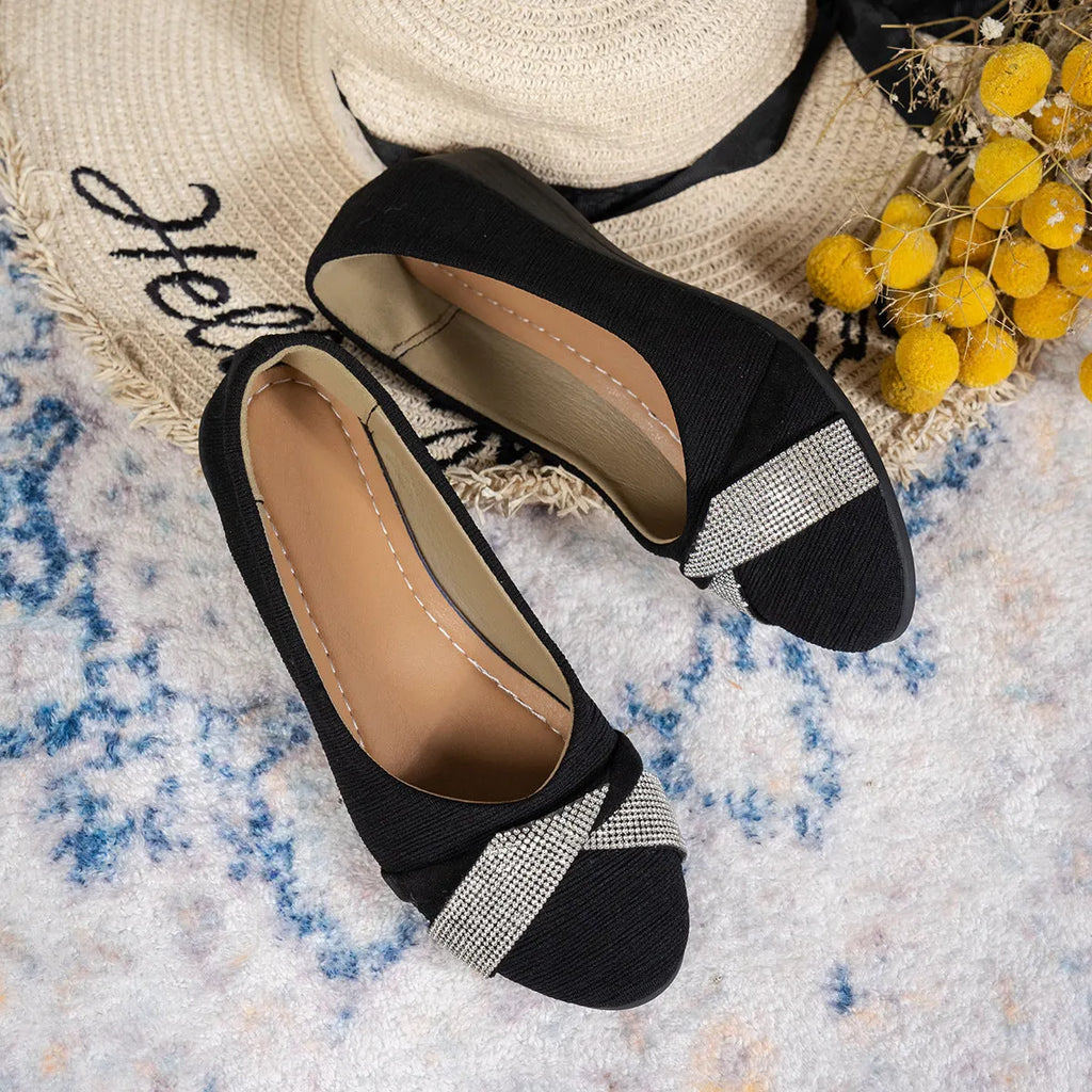 Women's black slip-on casual shoes with rhinestone decoration and 6-8cm chunky heel