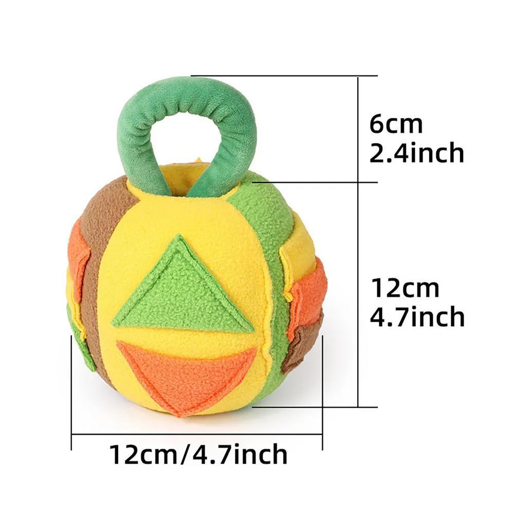Green polyester squeaky plush ball dog toy with treat pockets for small to medium breeds